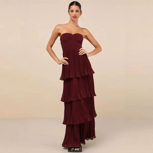 European And American Sexy Women's Fashion New Strapless Waist-Cinching Layered Ruched Evening Dress_ecoleips.com
