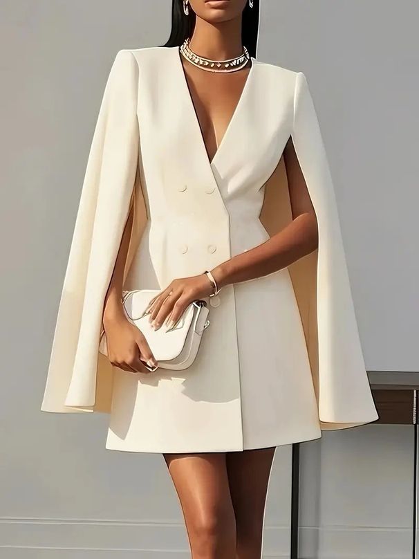 2026 European And American Cross-Border Autumn Commuting Double-Breasted Shawl Cape Solid Color Blazer Dress_ecoleips.com