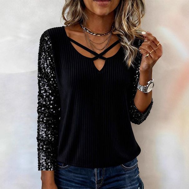 Elegant V-Neck Long Sleeve Blouse With Sequin Accents - Stretch Knit Fabric For Women (Red/Black, S-XXL)_ecoleips.com