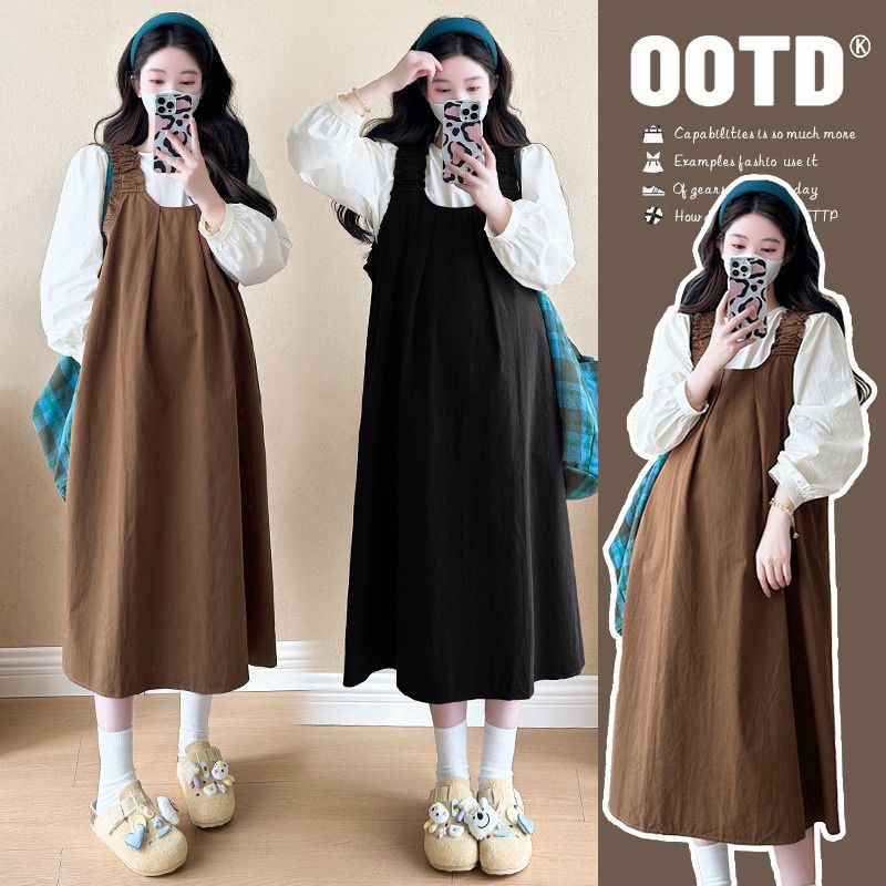 Autumn New Korean Fashion Round Neck Shirt + Strap Two-Piece Maternity Dress_ecoleips.com