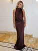 Mozision Halter Backless Sexy Maxi Dress Women Gown Elegant Off-shoulder Sleeveless Draped Ruched Bodycon Club Party Long Dress_ecoleips.com
