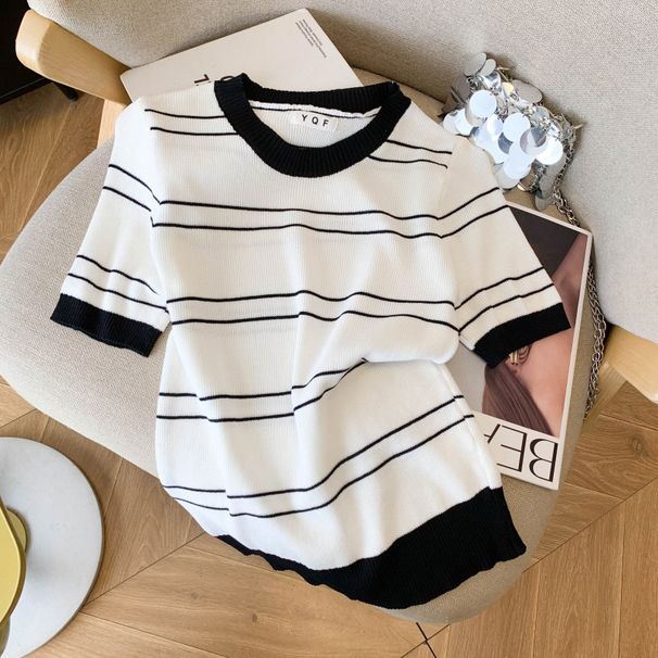 Korean Style Women's T-Shirt round Neck Striped Slim Fit Short Sleeve Ice Silk Knit Top for Summer New 2026_ecoleips.com