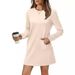 Women's Clothing Round Neck Back Pleated Pocket Long Sleeve Sweater Dress_ecoleips.com