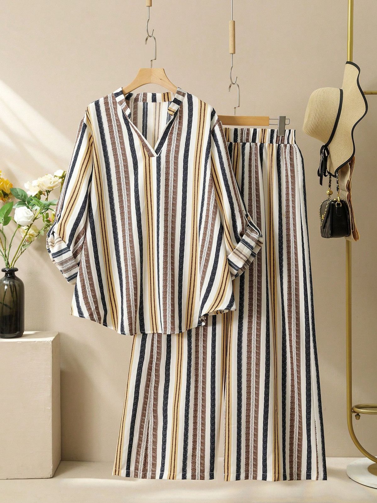 Women's Striped Print Casual Shirt Pants Set High-End Retro Style Autumn Winter Clothing_ecoleips.com