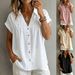 V Neck Loose Fit Slimming Single Breasted Pleated Women's Shirt Blouse Top Relaxed Everyday Wear Comfortable Feshion_ecoleips.com