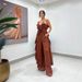 Women's Clothing Solid Color Chiffon V Neck Suspenders Ruffle Straight Pants Two Piece Set_ecoleips.com