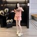 Pink Letter Print Set For Women, Summer 2025, Loose Youthful Casual Sweatshirt And Shorts, Slimming Two-Piece Outfit_ecoleips.com