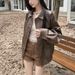 Retro Brown Leather Jacket For Women Spring Autumn Loose Motorcycle Style Elegant Fashion Polyester Top_ecoleips.com