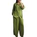Women's Clothing Casual Loose Cotton And Linen Solid Color Shirt Button Wide Leg Pants 2 Piece Set_ecoleips.com