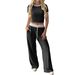 Y2K Aesthetic Women's Short Sleeve T-Shirt & Lounge Pants Set - Retro Streetwear Outfit (Black/Khaki/Burgundy) | Soft Stretch Polyester_ecoleips.com