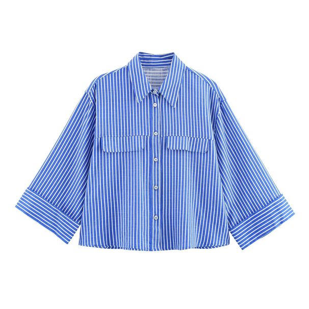 Women's Vintage-Inspired Linen-Blend Striped Shirt Relaxed Fit Long Sleeve Top Blue Stripe Xs - L_ecoleips.com