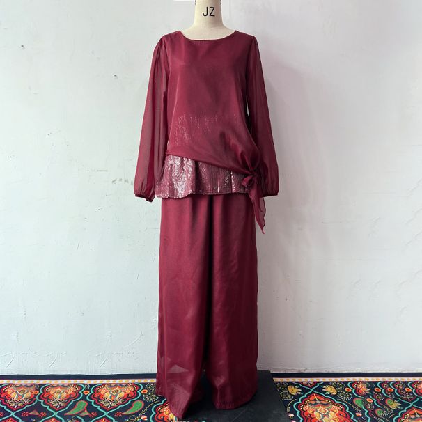 Women's Literary Retro Two-Piece Set Gold Foil Top & Wide Leg Pants Loose Fit Summer Fashion_ecoleips.com
