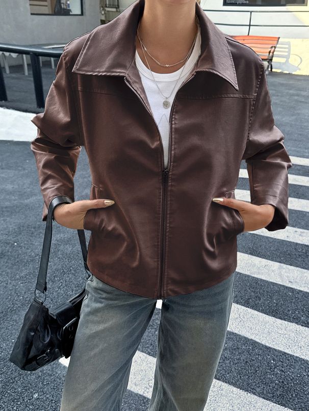 DiYun European And American High-End Minimalist Long-Sleeve Leather Jacket Women's Clothing 2025_ecoleips.com