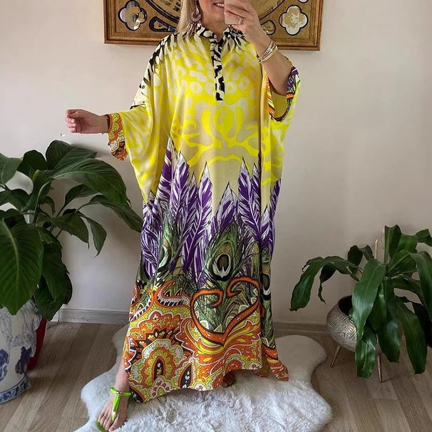 Spring Fashion Floral Print Loose Maxi Dress Women's Sexy O Neck A-Line Long Party Dress New Summer 3/4 Sleeve Lady Beach Dress_ecoleips.com
