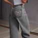 Women's Clothing Retro Bow Embroidery Washed Jeans Women's Sweet And Spicy Straight Loose Trousers_ecoleips.com