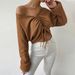 Voya 2026 Spring/Summer New European And American Women's Fashion Loose Casual V-neck Drawstring Waffle Long Sleeve T-shirt_ecoleips.com