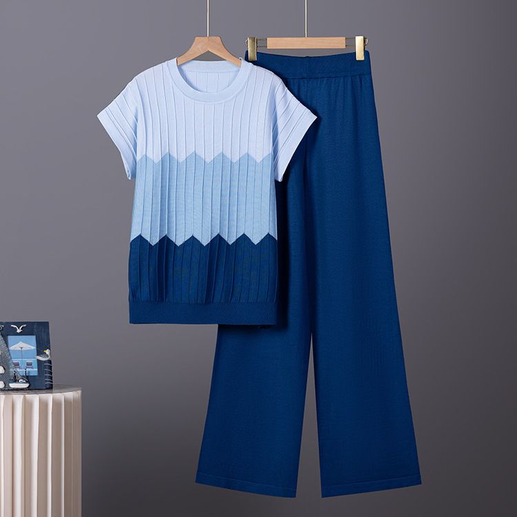 K Gradient Contrasting Design, Loose Round Neck Sleeveless Knit Shirt+high Waist Solid Color Wide Leg Pants Set_ecoleips.com