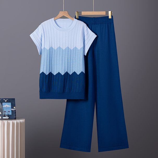 K Gradient Contrasting Design, Loose Round Neck Sleeveless Knit Shirt+high Waist Solid Color Wide Leg Pants Set_ecoleips.com