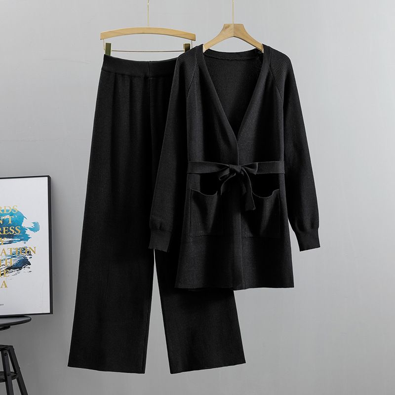 2025 Spring And Autumn New Cardigan Wide Leg Pants Thick Needle Two-Piece Casual Lace Up Solid Color Knitted Set_ecoleips.com