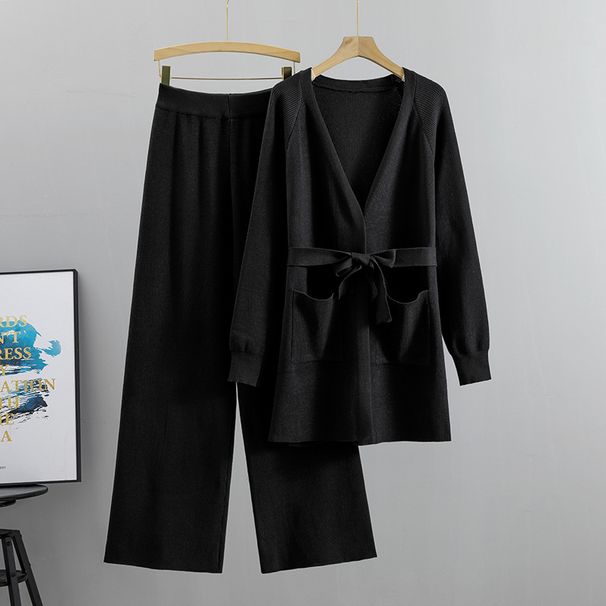 2025 Spring And Autumn New Cardigan Wide Leg Pants Thick Needle Two-Piece Casual Lace Up Solid Color Knitted Set_ecoleips.com