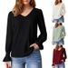 Women's V-Neck Long Sleeve Ruffle Detail T-Shirt - Soft Stretch Polyester Blend Casual Top For Work & Daily Wear_ecoleips.com