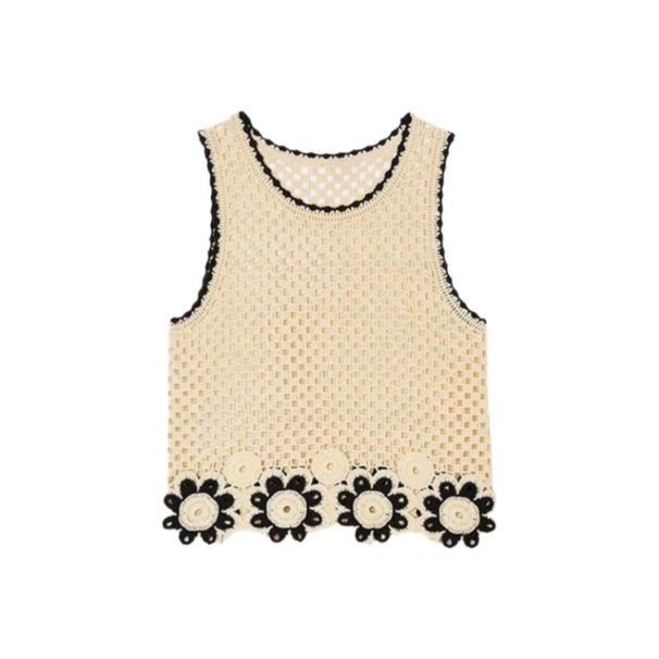 Spring And Summer Design Hollow Knitted Camisole Vest Long Wide Leg Pants Suit For Women_ecoleips.com