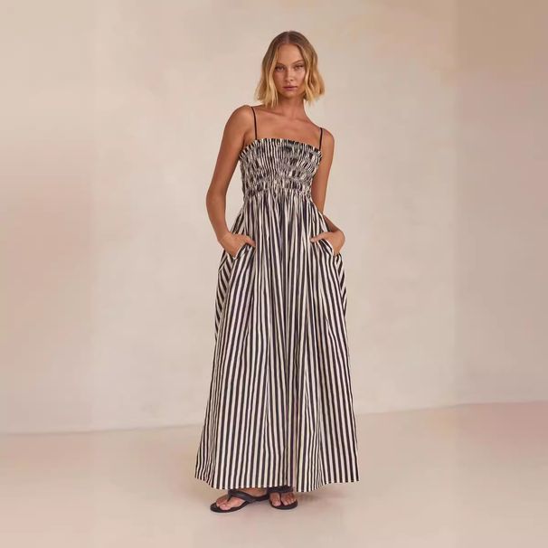 Women's Clothing Spring And Summer Striped Elastic Sexy Large Swing Pocket Suspender Dress_ecoleips.com