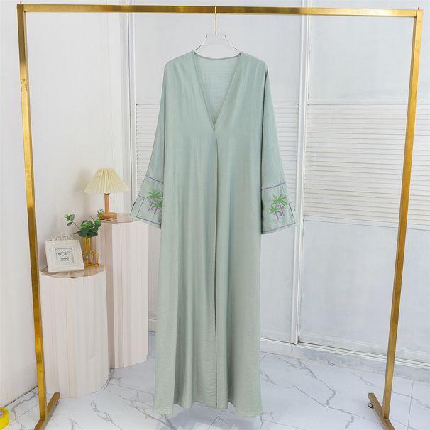 Elegant Embroidered Dress - Flowy Muslim Long Sleeve Open Front Robe For Women, Comfortable Chiffon Fabric, Plus Size Friendly_ecoleips.com