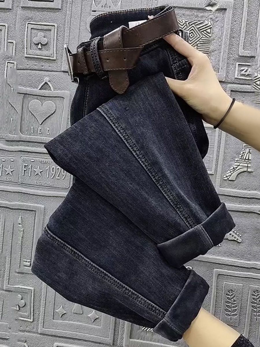 plus Size Fleece Lined Straight Leg Jeans High Waisted Slimming Cropped Dad Style Harem Pants for Women Autumn Winter Casual Fashion_ecoleips.com