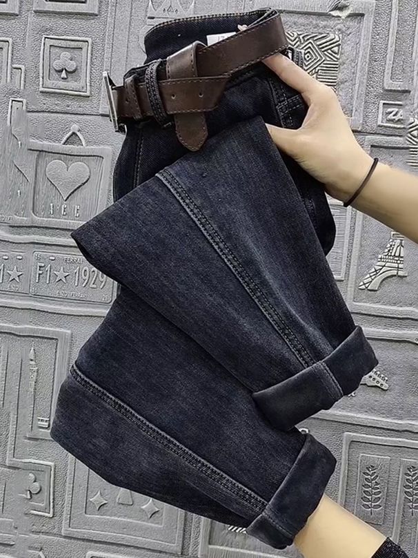plus Size Fleece Lined Straight Leg Jeans High Waisted Slimming Cropped Dad Style Harem Pants for Women Autumn Winter Casual Fashion_ecoleips.com