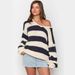 Women's Casual Loose Knitted Sweater Autumn Winter Fashion Oblique Shoulder Multi Striped Sweet Top_ecoleips.com