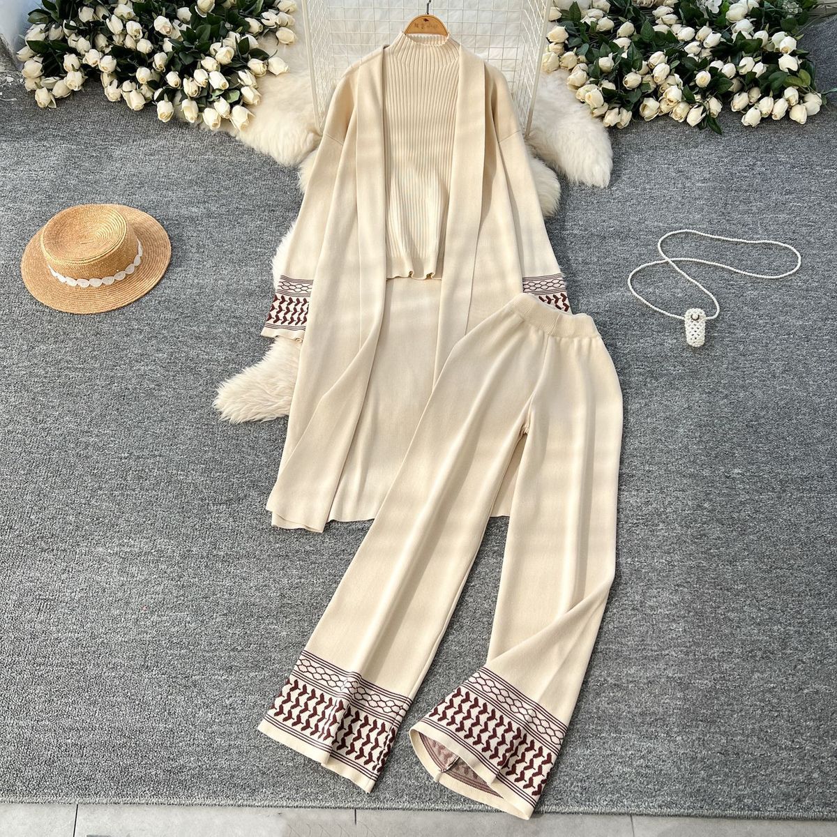 Women's Clothing Jacquard Lounge Set – Oversized Draped Cardigan + Round Neck Knit Top + Flowy Wide-Leg Pants (3-Piece Coordinated Outfit)_ecoleips.com