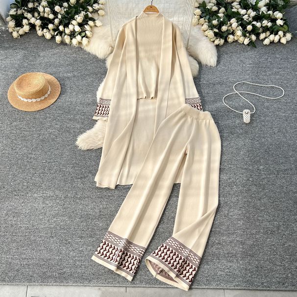 Women's Clothing Jacquard Lounge Set – Oversized Draped Cardigan + Round Neck Knit Top + Flowy Wide-Leg Pants (3-Piece Coordinated Outfit)_ecoleips.com