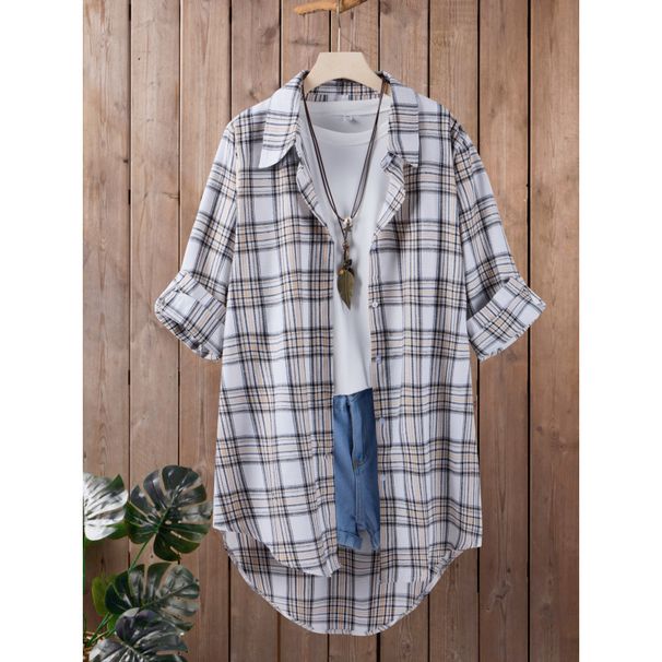 Large Size Women's Spring Long Sleeve Top Casual Fashion Lapel Plaid Shirt_ecoleips.com