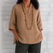 Women's Clothing V Neck Three Quarter Sleeve Cotton And Linen Loose Casual Shirt_ecoleips.com