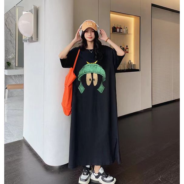 Summer New Korean Style Cute Print Midi Short Sleeve Dress Loose Versatile Ins Style Dress Polyester Fiber Straight Cut Dress_ecoleips.com