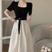 Plus-size Women's Curvy Women, Elegant Patchwork Waist-cinching A-line Dress, Mid-length French-style Tummy-concealing_ecoleips.com