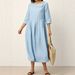 Women's Pleated Cotton Linen Dress Solid Color Casual Loose Button Crescent Neck Three Quarter Sleeve 2026 European And American_ecoleips.com