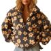 Women's Long Sleeved Zipper Sweater Fashion Imitation Lambswool Print Loose Top for Spring Clothing_ecoleips.com