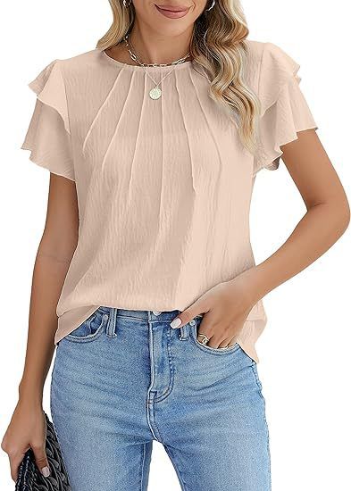 Verve 2025 Women's Formal Casual Summer Pleated Short Sleeve Round Neck Top Business Work Shirt_ecoleips.com