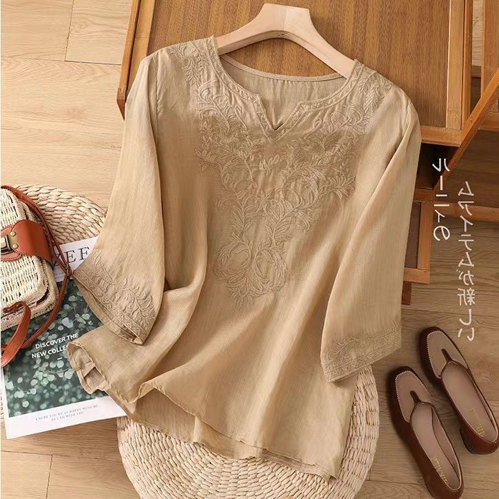 Cotton And Linen Embroidered Short Sleeved Top For Women, Mid Length Sleeves, 2025 Summer Plus Size Loose Fit, Tummy Covering, Slimming, Retro Casual T Shirt For Women._ecoleips.com