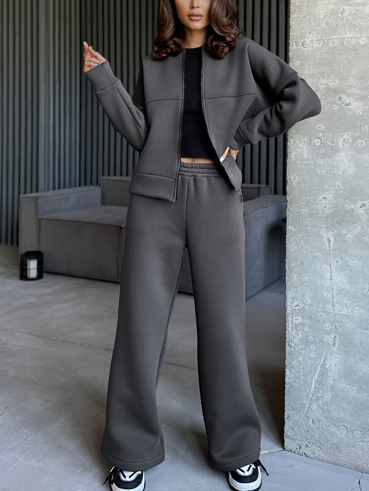 Women's Solid Color European American Style Casual Sportswear Set Top Jacket & Straight Leg Pants Two-Piece Outfit for Summer_ecoleips.com