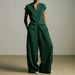 Women's Casual V Neck Pleated Textured Two Piece Set High Waisted Independent Website Bestselling Summer Pant Ensemble_ecoleips.com