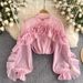 Trendy Mesh Ruffle Blouse – Asymmetrical Pleated Pullover For Women (White/Black/Rose Red/Pink/Apricot/Green/Red, One Size)_ecoleips.com