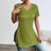 2026 European And American Cross-border Spring/summer New Style Solid Color Plus-size Top V-neck Short-sleeve Slit_ecoleips.com