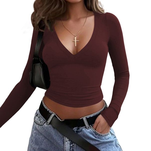 Voya Women's Retro Spicy Girl Wine Red V-neck Elastic Tight Fitting Top For Spring And Summer Long Sleeves, Slim Fit, Base Layer, And Layering_ecoleips.com