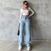 High-Waisted Retro Draped Denim Jeans for Women Wide Leg Loose Straight Leg Trousers_ecoleips.com
