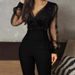 new solid color V neck mesh slim long sleeved jumpsuit trousers large stock_ecoleips.com