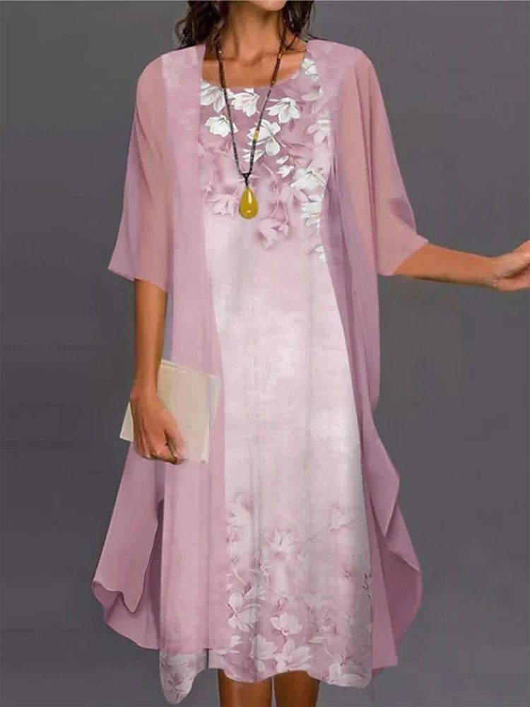 2024 Europe And The United States Summer Women's Casual Dress Two-piece Floral Print Round Collar Repair Maxi_ecoleips.com