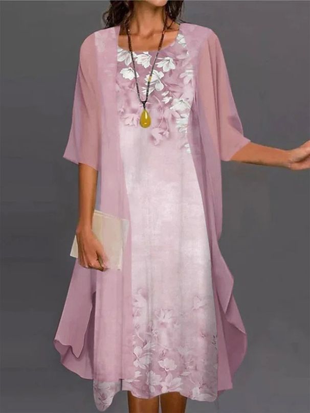 2024 Europe And The United States Summer Women's Casual Dress Two-piece Floral Print Round Collar Repair Maxi_ecoleips.com